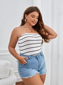 SHEIN Essnce áo nữ kích thước lớn Sọc Giải trí - trắng - Xem 3