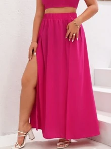 SHEIN VCAY 大碼素色高衩半身裙 - 玫紅色 - 查看 1