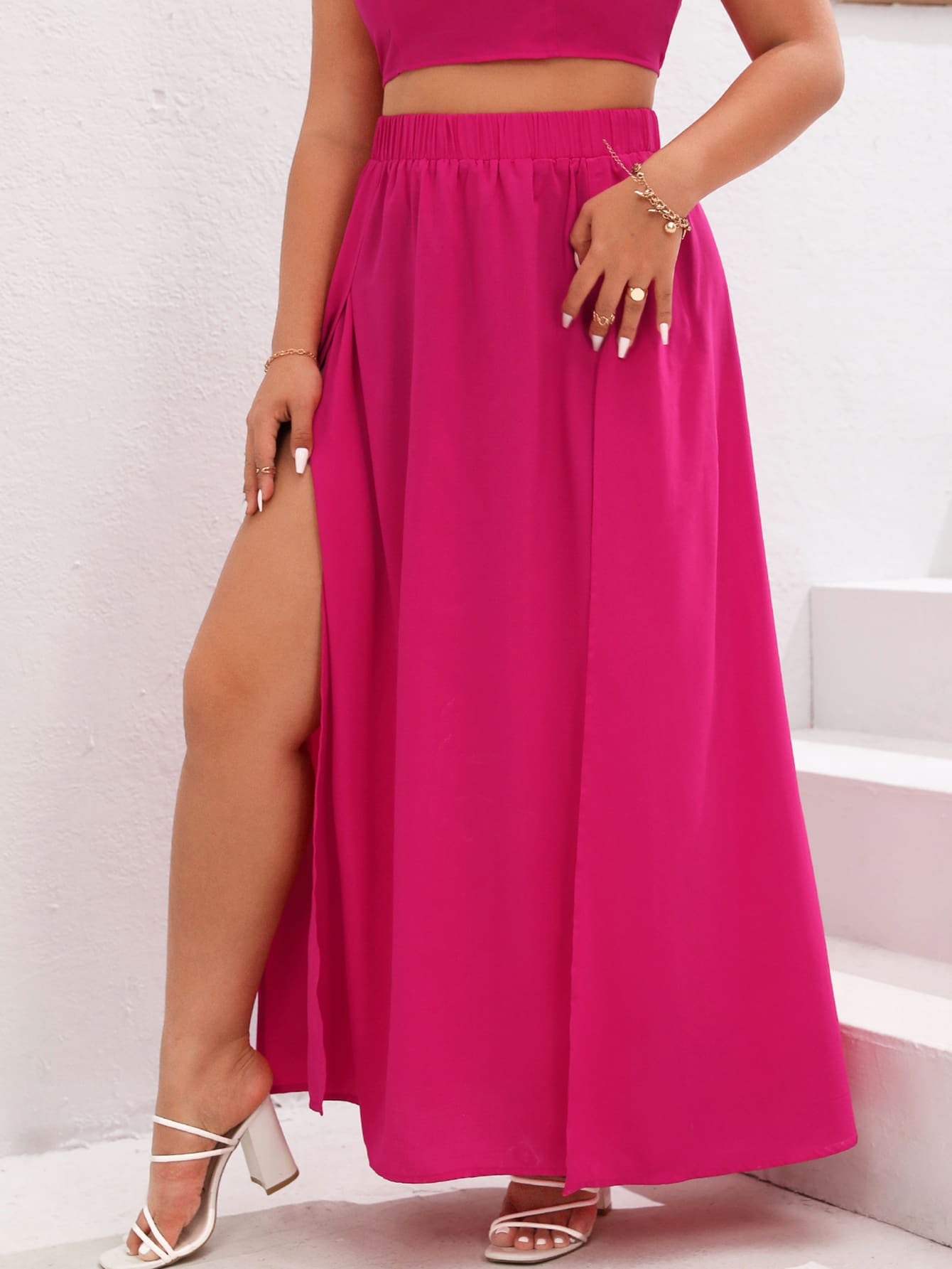 SHEIN VCAY 大碼素色高衩半身裙 - 玫紅色 - 查看 1