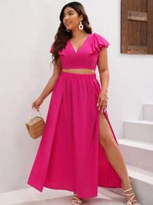 SHEIN VCAY 大碼素色高衩半身裙 - 玫紅色 - 查看 2