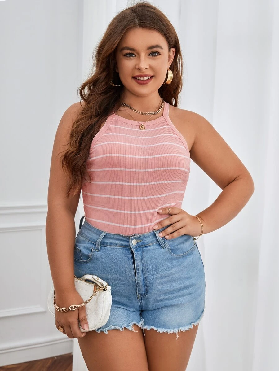 SHEIN Essnce Áo hai dây Plus Size Gân đan Sọc Giải trí - Hồng - Xem 1