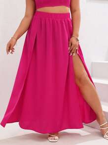 SHEIN VCAY 大碼素色高衩半身裙 - 玫紅色 - 查看 4