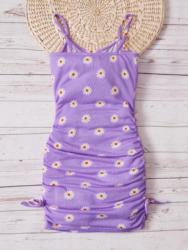 SHEIN Kids Y2Kool Girls Daisy Floral Print Ruched Knot Side Cami Dress SHEIN UK