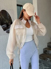 DAZY Flap Pocket Drop Shoulder Drawstring Hem Jacket,Fall Women Clothes - Beige - View 1