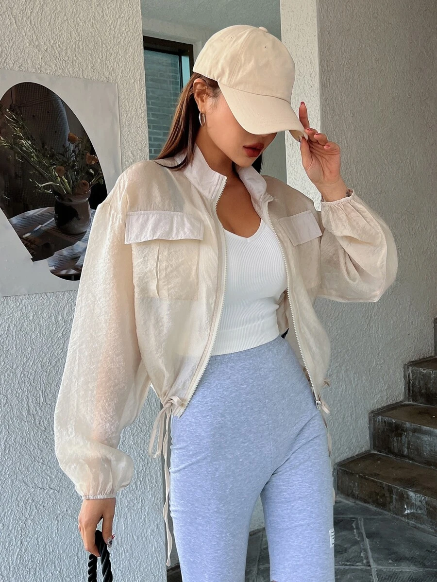 DAZY Flap Pocket Drop Shoulder Drawstring Hem Jacket,Fall Women Clothes - Beige - View 1