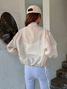 DAZY Flap Pocket Drop Shoulder Drawstring Hem Jacket,Fall Women Clothes - Beige - View 2