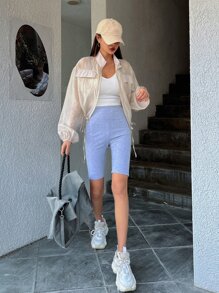 DAZY Flap Pocket Drop Shoulder Drawstring Hem Jacket,Fall Women Clothes - Beige - View 4