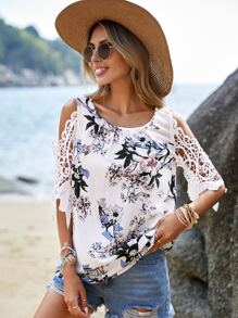 EMERY ROSE Áo sơ mi nữ Tương phản ren Cắt ra Hoa Boho - Nhiều màu - Xem 2