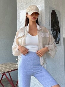 DAZY Flap Pocket Drop Shoulder Drawstring Hem Jacket,Fall Women Clothes - Beige - View 5