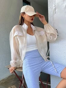 DAZY Flap Pocket Drop Shoulder Drawstring Hem Jacket,Fall Women Clothes - Beige - View 6