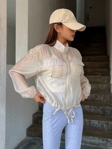 DAZY Flap Pocket Drop Shoulder Drawstring Hem Jacket,Fall Women Clothes - Beige - View 8