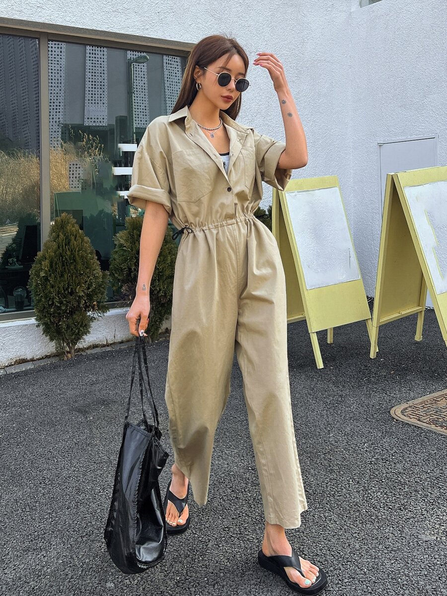 DAZY Solid Button Front Shirt Jumpsuit Overalls - Khaki - View 1