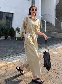 DAZY Solid Button Front Shirt Jumpsuit Overalls - Khaki - View 4