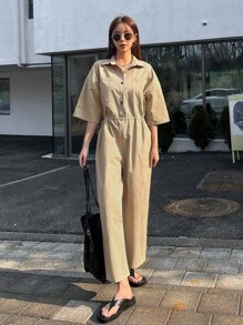 DAZY Solid Button Front Shirt Jumpsuit Overalls - Khaki - View 5