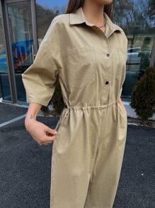 DAZY Solid Button Front Shirt Jumpsuit Overalls - Khaki - View 6