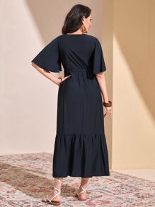 Seusyu Floral Embroidery Drawstring Waist Ruffle Hem Dress - Black - View 2