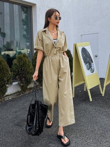 DAZY Solid Button Front Shirt Jumpsuit Overalls - Khaki - View 7