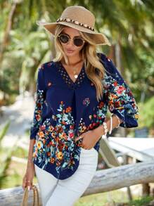 EMERY ROSE 印花水溶蕾絲拼接襯衫 - 藏蓝色 - 查看 1