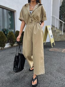 DAZY Solid Button Front Shirt Jumpsuit Overalls - Khaki - View 8