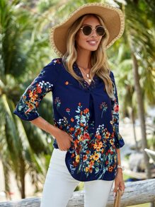 EMERY ROSE 印花水溶蕾絲拼接襯衫 - 藏蓝色 - 查看 4