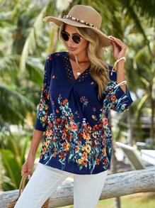 EMERY ROSE 印花水溶蕾絲拼接襯衫 - 藏蓝色 - 查看 5