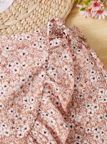 SHEIN Tween Girl Ditsy Floral Print Ruffle Trim Wrap Knot Side Skort - Multicolor - View 5