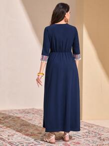Al Najma Geo Print Pompom Trim Dress Without Belt - Navy Blue - View 3