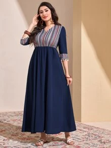 Al Najma Geo Print Pompom Trim Dress Without Belt - Navy Blue - View 1