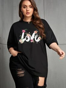SHEIN Unity Áo thun Plus size Hoa Lá thư Giải trí - màu đen - Xem 1