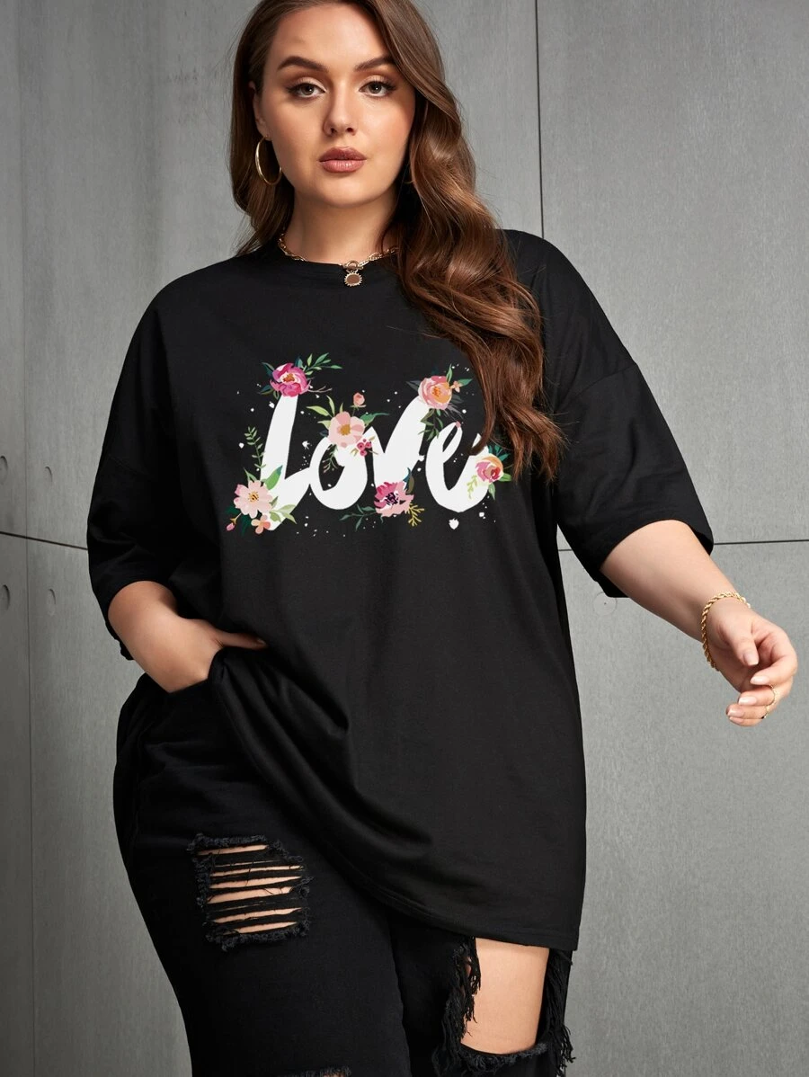 SHEIN Unity Áo thun Plus size Hoa Lá thư Giải trí - màu đen - Xem 1