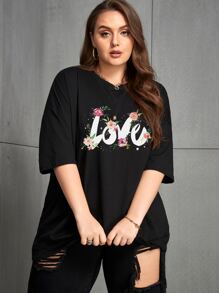 SHEIN Unity Áo thun Plus size Hoa Lá thư Giải trí - màu đen - Xem 4