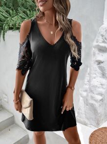 SHEIN LUNE Đầm Tương phản ren màu trơn Thanh lịch - màu đen - Xem 1