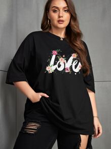 SHEIN Unity Áo thun Plus size Hoa Lá thư Giải trí - màu đen - Xem 5