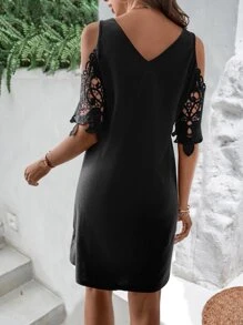 SHEIN LUNE Đầm Tương phản ren màu trơn Thanh lịch - màu đen - Xem 2