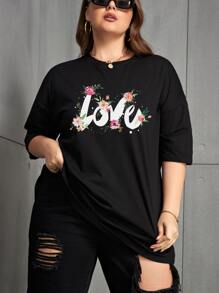 SHEIN Unity Áo thun Plus size Hoa Lá thư Giải trí - màu đen - Xem 6