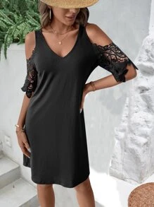 SHEIN LUNE Đầm Tương phản ren màu trơn Thanh lịch - màu đen - Xem 5