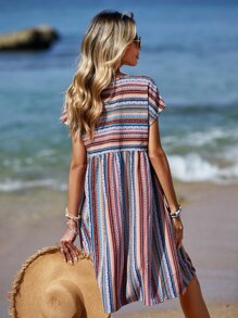 SHEIN LUNE Striped & Geo Print Batwing Sleeve Smock Dress - Multicolor - View 2