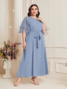 Modelyn Plus Contrast Mesh Belted Dress - Dusty Blue - View 1