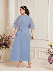 Modelyn Plus Contrast Mesh Belted Dress - Dusty Blue - View 3