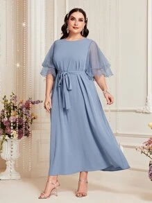 Modelyn Plus Contrast Mesh Belted Dress - Dusty Blue - View 4