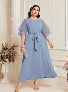 Modelyn Plus Contrast Mesh Belted Dress - Dusty Blue - View 2