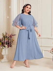 Modelyn Plus Contrast Mesh Belted Dress - Dusty Blue - View 5