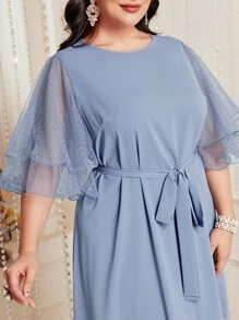 Modelyn Plus Contrast Mesh Belted Dress - Dusty Blue - View 7