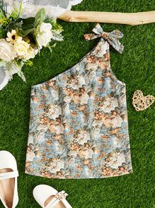 SHEIN Girls Floral Print One Shoulder Knot Side Blouse - Multicolor - View 1