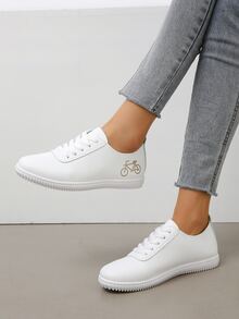 運動板鞋適用於女士自行車圖案前綁帶運動鞋