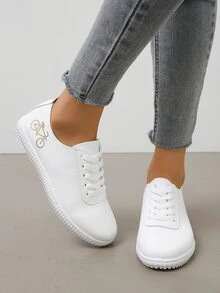 運動板鞋適用於女士自行車圖案前綁帶運動鞋