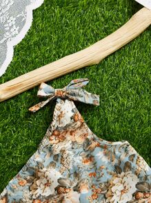 SHEIN Girls Floral Print One Shoulder Knot Side Blouse - Multicolor - View 4