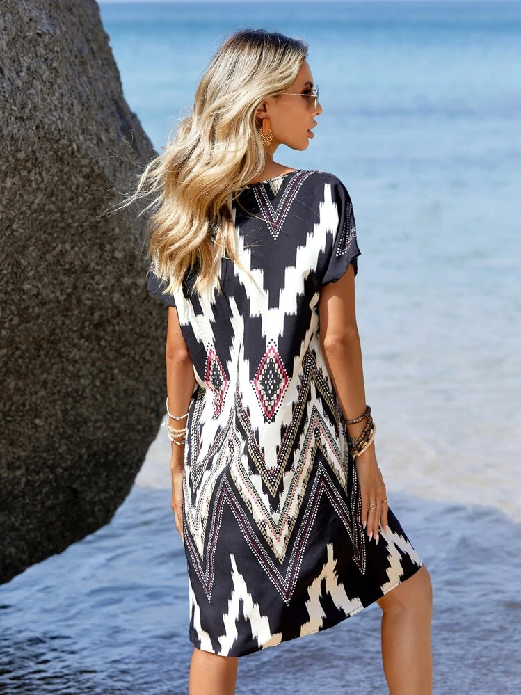 EMERY ROSE Chevron Print Batwing Sleeve Tunic Dress - Multicolor - View 2