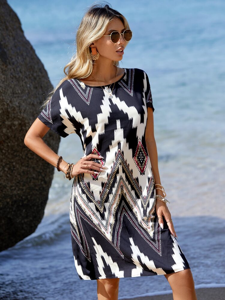 EMERY ROSE Chevron Print Batwing Sleeve Tunic Dress - Multicolor - View 4