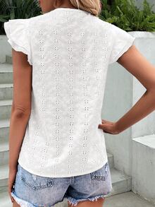 SHEIN VCAY 網眼刺繡繫帶領荷葉邊襯衫 - 白色 - 查看 2